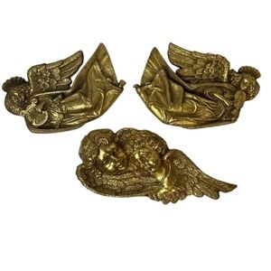 Vintage Angels‎ 3 Gold Color Wall Decor Harp Violin Angel Faces Grandma Decor